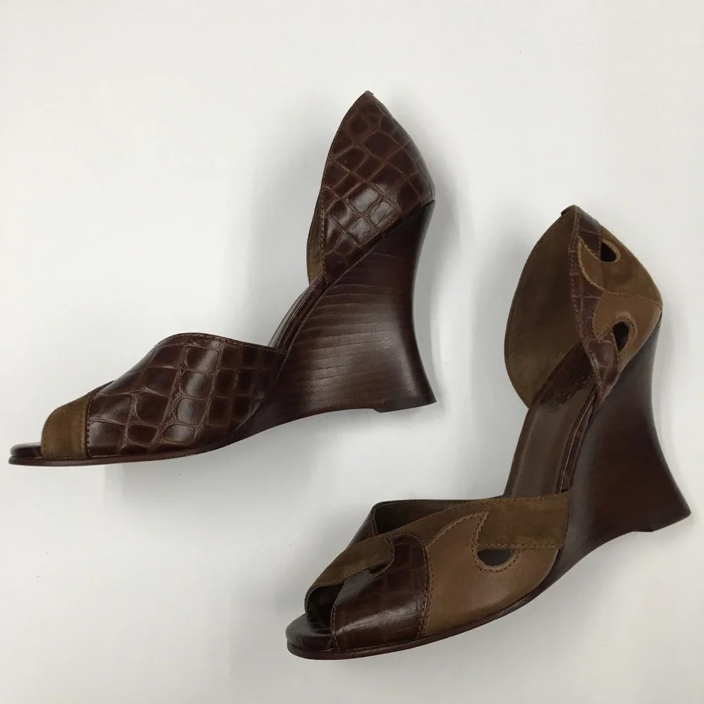 Aldo Croc Embossed Suede Wedge Heels EU 37 Brown Dark Academia Professional